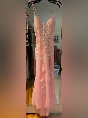 Pink Lace Spaghetti-Strap Prom Dress with Floral Embroidery